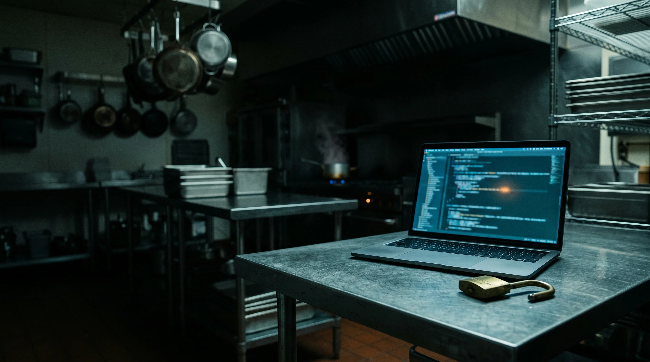An empty restaurant kitchen at night, lit by a laptop on the steel pass with an unlocked padlock beside it